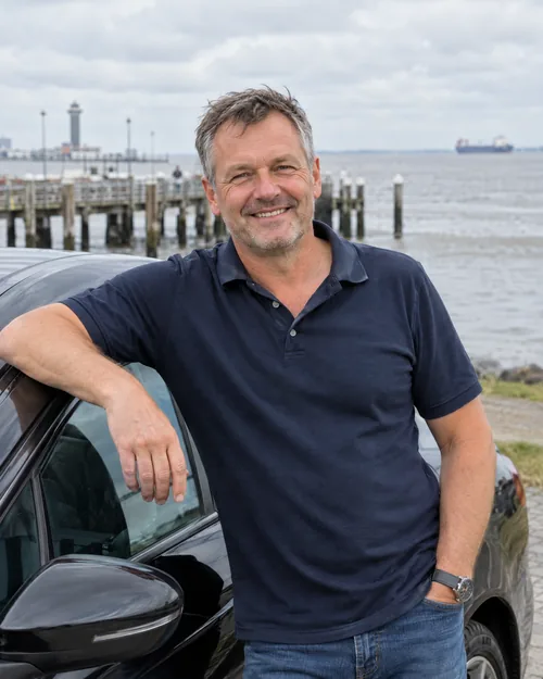 Fahrer lehnt lächelnd an seinem Wagen am Cuxhavener Hafen