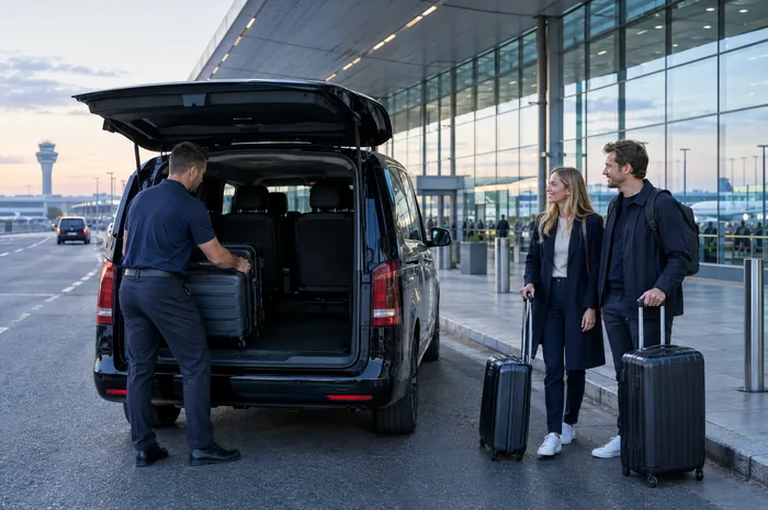 Fahrer lädt Koffer am Flughafenterminal in den Wagen