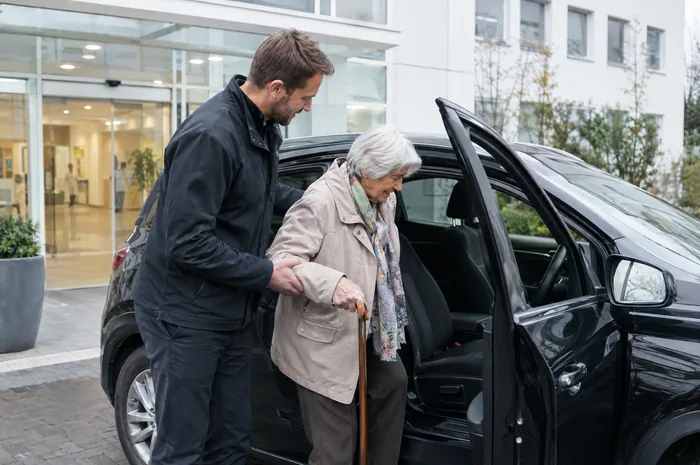 Fahrer hilft einer älteren Dame vor einer Klinik in den Wagen