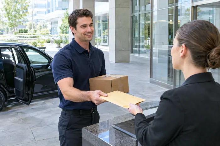 Kurierfahrer übergibt ein Paket an einer Rezeption