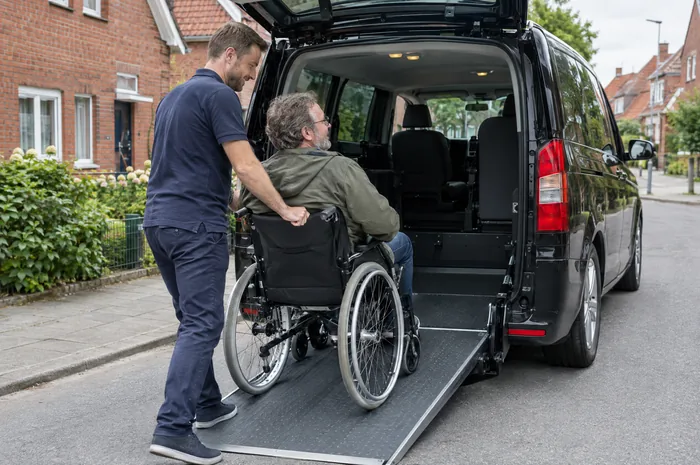 Rollstuhlfahrer wird über die Rampe in einen Van geschoben