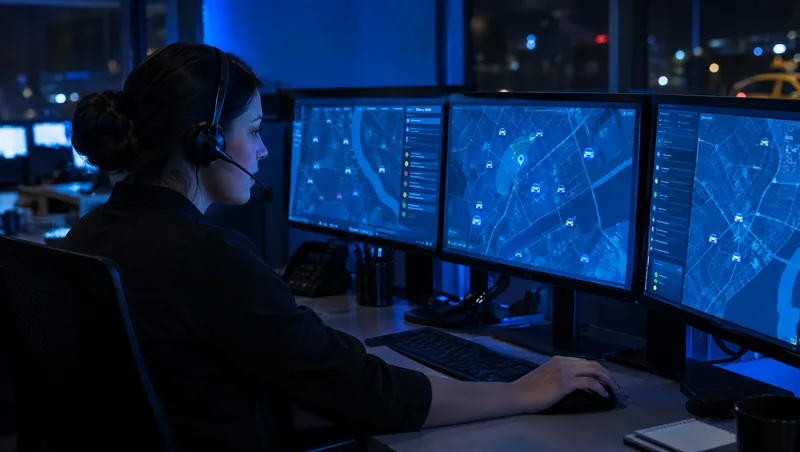 Disponentin mit Headset vor Bildschirmen in der Zentrale